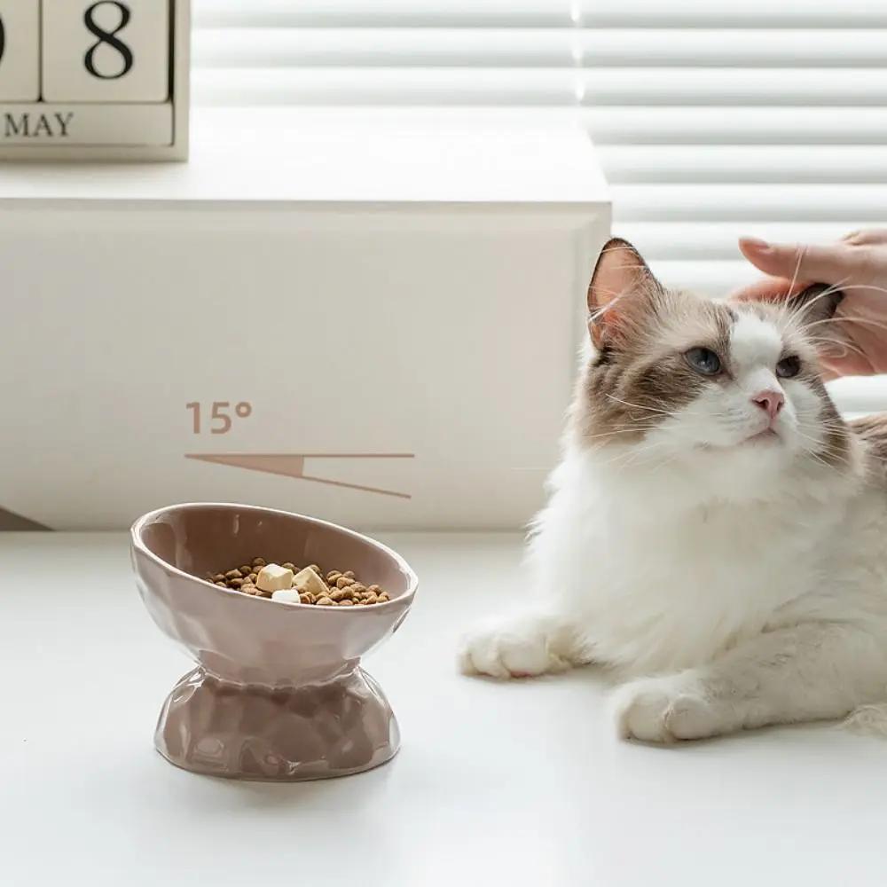 Non-slip Ceramic Pet Bowl High Foot Design, Creative Slanted Flat Mouth Food Water Feeding Basin for Cat Dog