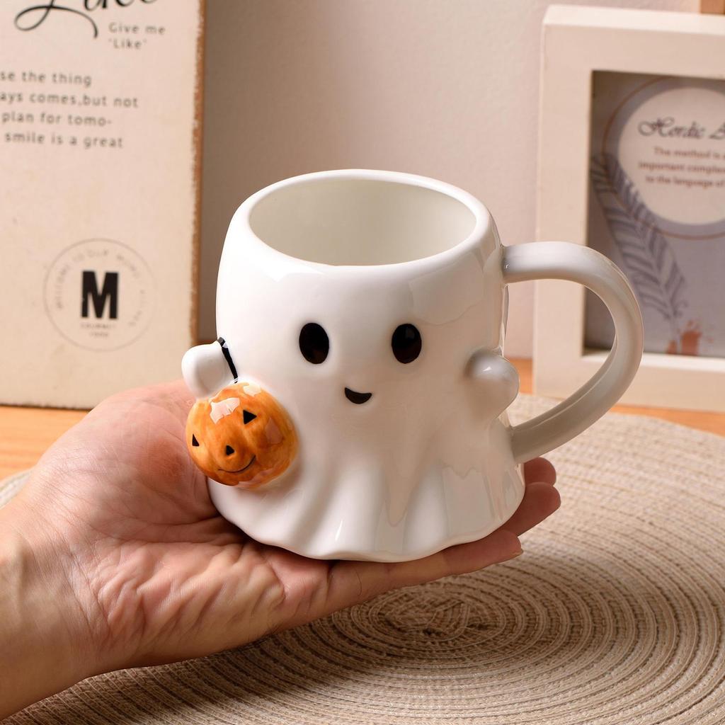 Halloween  Cute Pumpkin Ghosts Ceramic Mugs Ceramic Drinking Glass With Handle Halloween Funny White Ghosts Coffee Cup