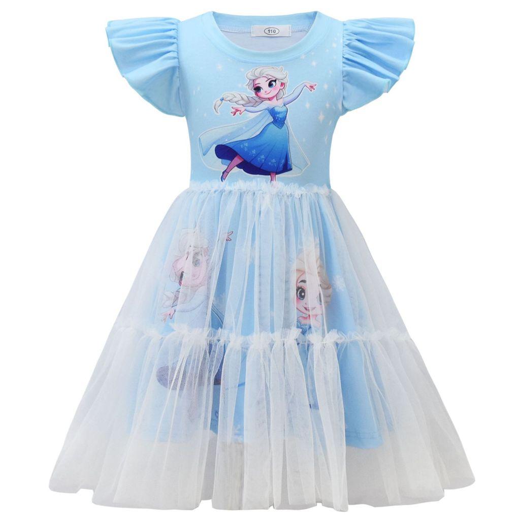 98035 Kids Girls Elsa Queen Print Round Neck Mesh Dress 110 синий