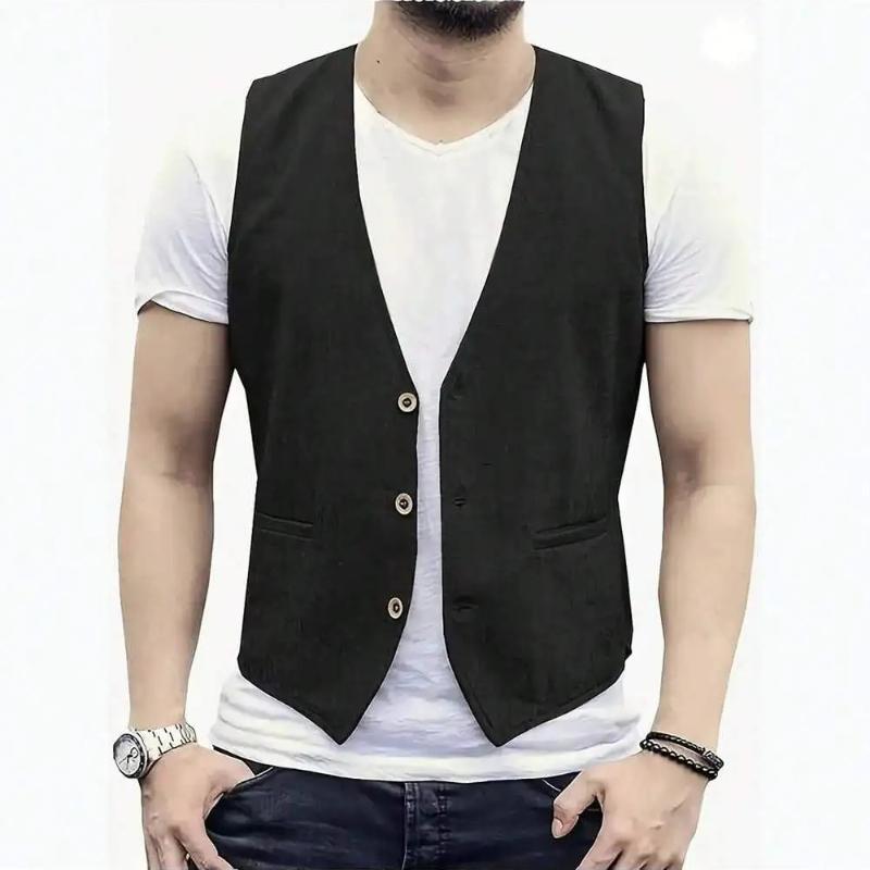 Leinen Herren Weste Hochzeit Bräutigam Unifarbene Weste Retro Vintage Bankett Gilet Herren Weste Anzug