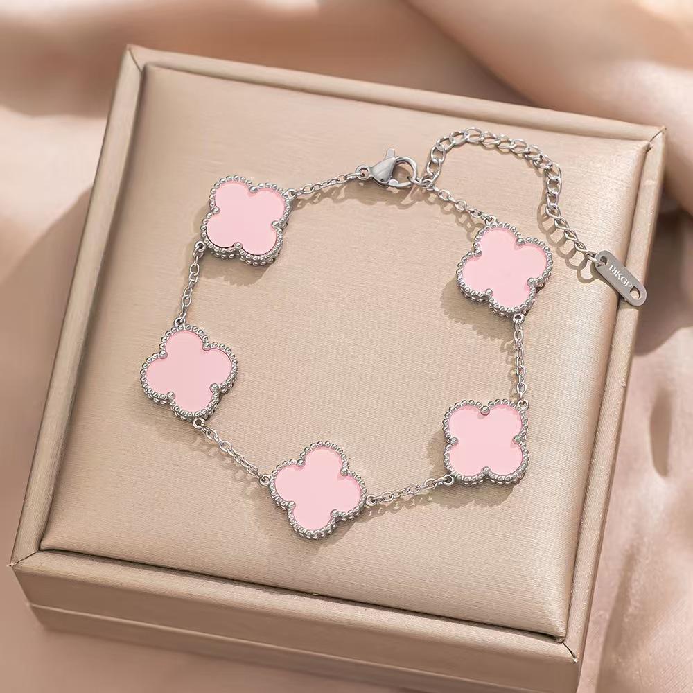 

Браслет 15 мм класса люкс из 18-каратного золота, двухсторонний, с клевером-четырехлистником на удачу, модная цепочка для ключиц в стиле легкой роскоши с пятью цветами из ракушки, браслет из титановой стали OL розовый