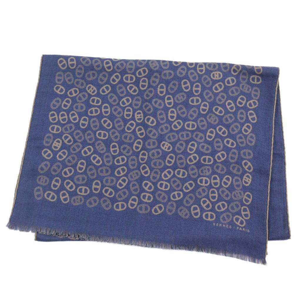 Great HERMES Scarf Bicolor Scarf Blue Light Brown Cashmere Mens Used
