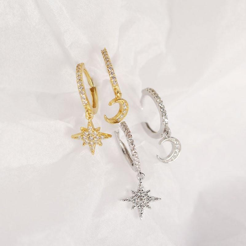 Asymmetrical Star Moon Earrings Women Sterling Studs Fashion Trendy Ear Cuffs