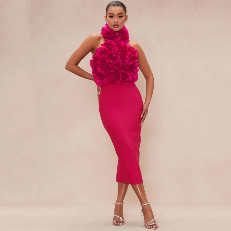 Bandage dress sexy fashion neck halter three-dimensional flower women's sleeveless dress Africa