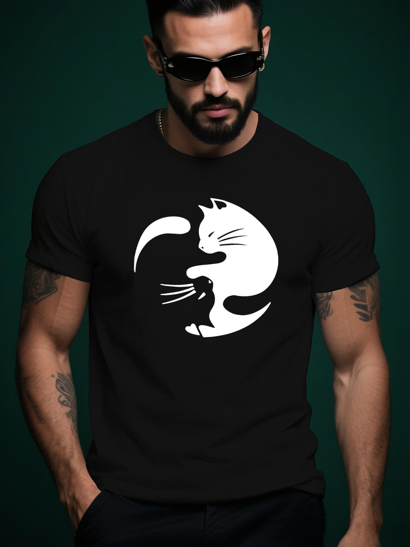 Black And White Cat Trendy Streetwear Summer Casual Crew ... L