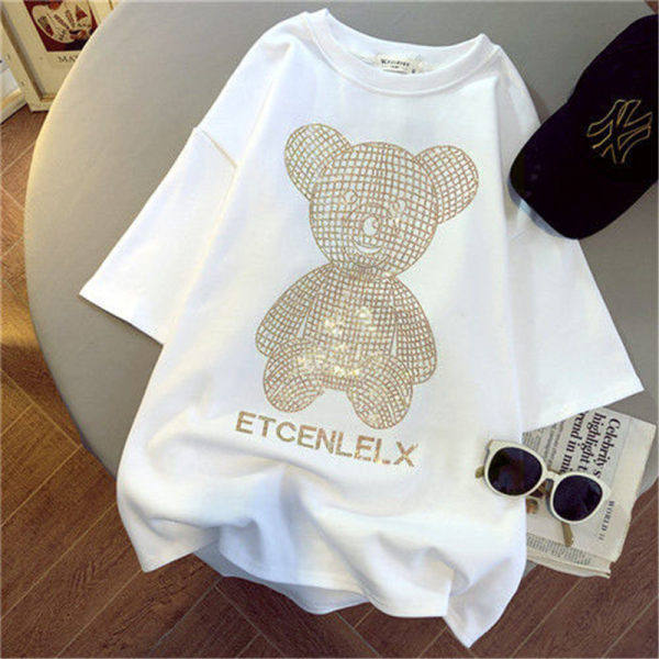 

200 г чистый хлопок плотная кромка горячий бриллиант медведь футболка с коротким рукавом женская летняя новая свободная футболка тренд M белый