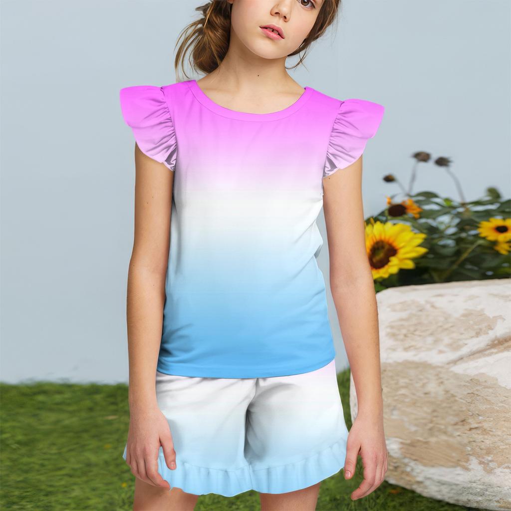 Summer Girls Cute Suit Flying Sleeves T-shirt Top + Ruffled Shorts Daily Outdoor Wear Cute Casual Fashion 2-Piece Set