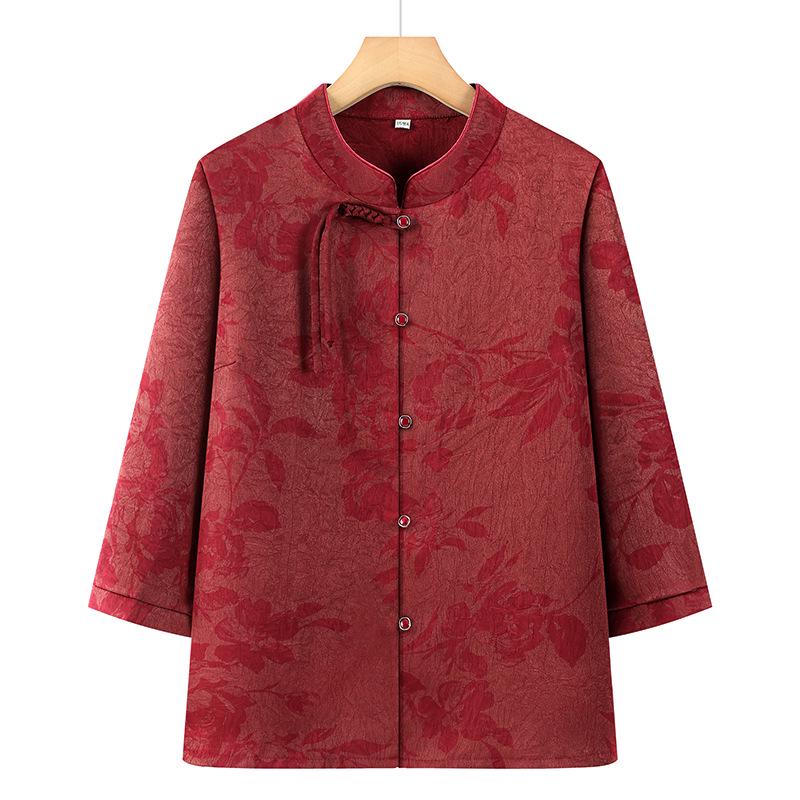 Chinese Style Tang Suit Top - Summer Three-Quarter Sleeve Shirt for Middle-Aged and Elderly Women