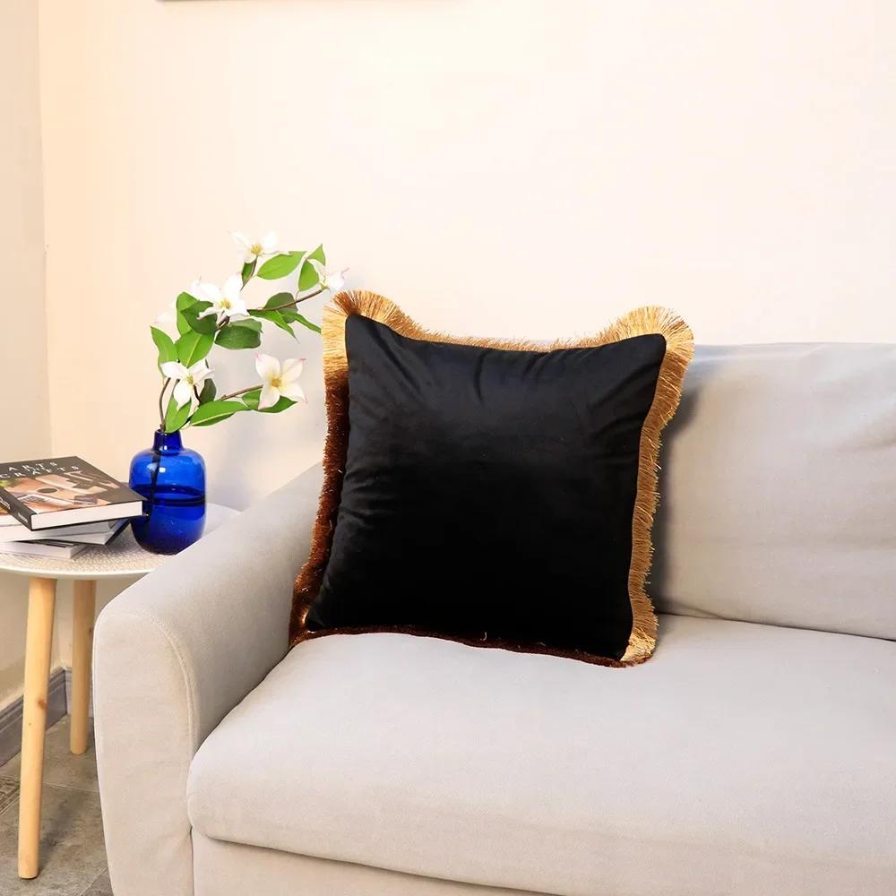 Velvet Cushion Cover with Gold Tassels Edge, Monochromatic Pillowcase, Decorative Sample Room, Bed and Sofa