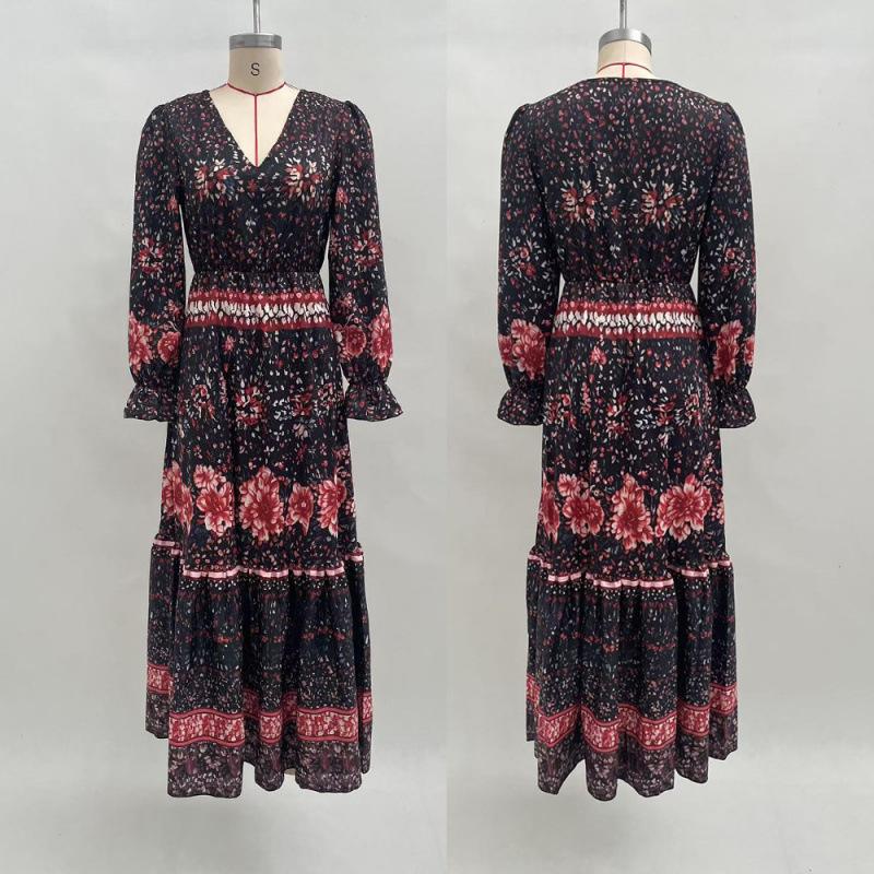 2026 Popular Autumn Long-sleeved V-neck Pendulum Printed Long-sleeved Dress