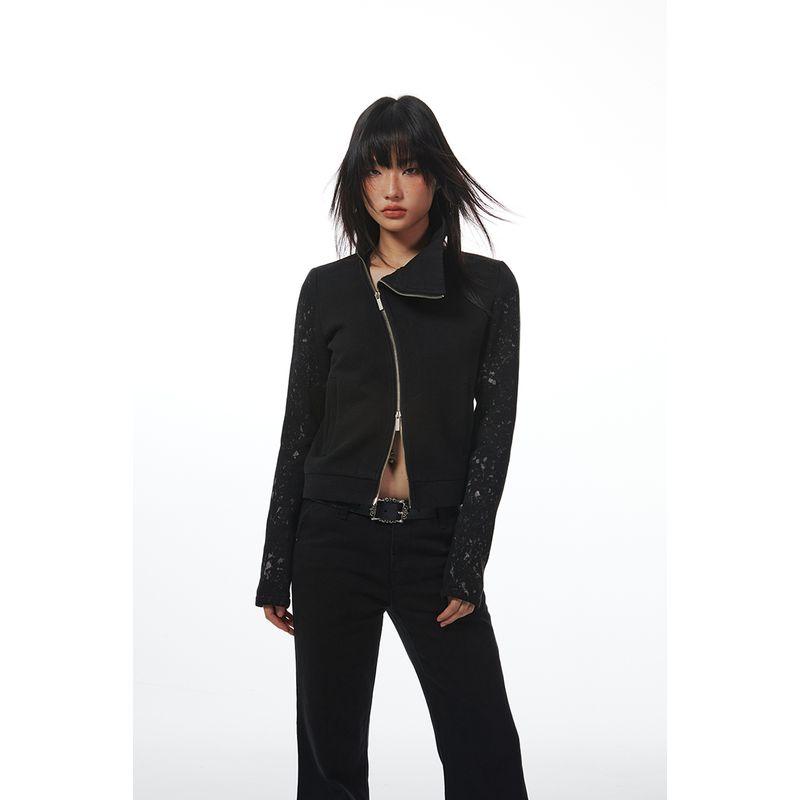 

Thelight Ro Dark Style Turtleneck Oblique Zipper Close-Fitting Jacket Sweatshirt Sleeves Are Washed with Snowflakes Black S