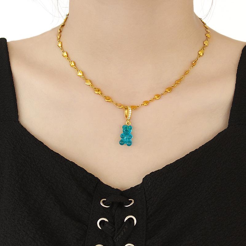 European & American Heart-Shaped Gold-Plated Colorful Gummy Bear Pendant Necklace for Men & Women: Korean Hot Style