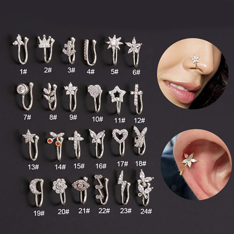 

New 1PCS Fake Piercing Clip Nose Ring Cuff Body Jewelry for Women Trend Ear Cuffs Heart Star Flowers Butterfly Clip Rings KAE197 24 срібний