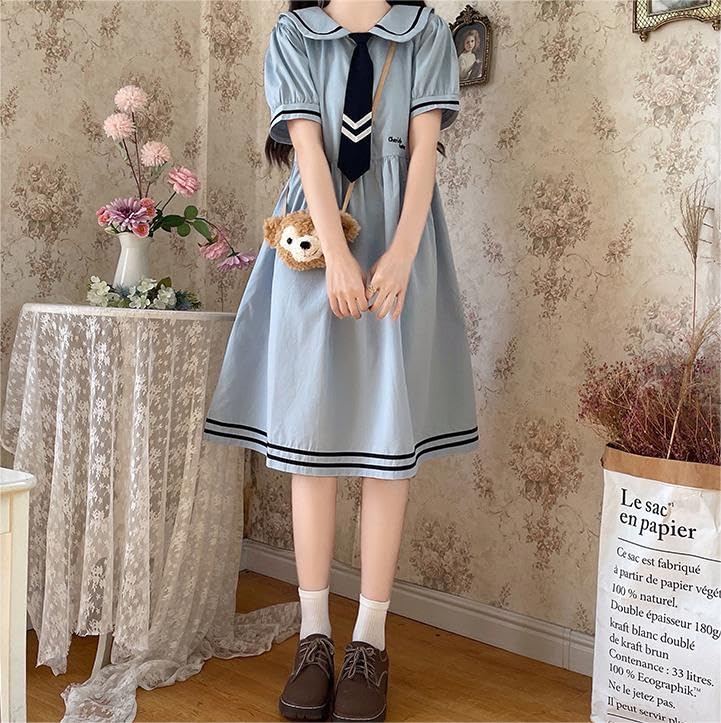 Hanmall Women's Blue Short Sleeve Sailor Dress with Square Collar and Tie, Solid Color, LON146