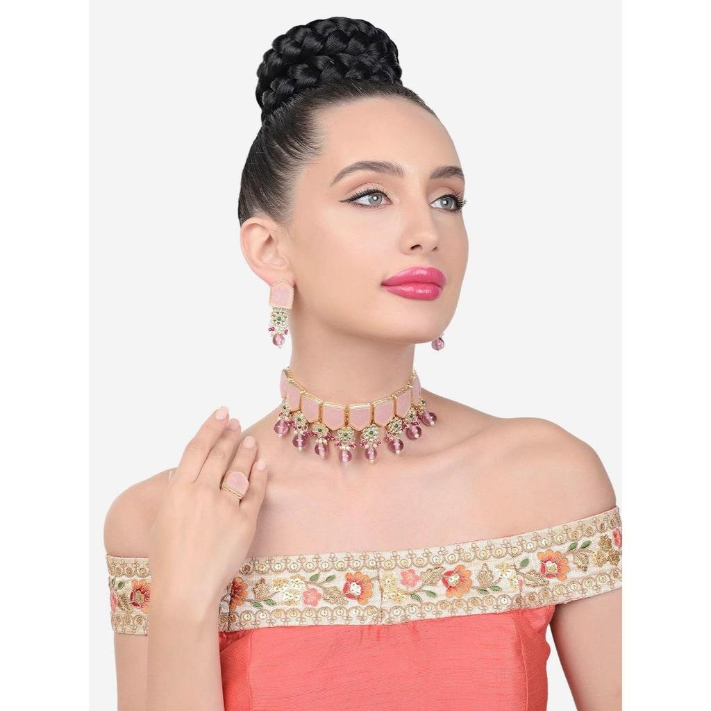Rosa-grüne Steine, Perlen, Kundan-Choker-Halskette, Ohrringe und Ring-Set für Frauen