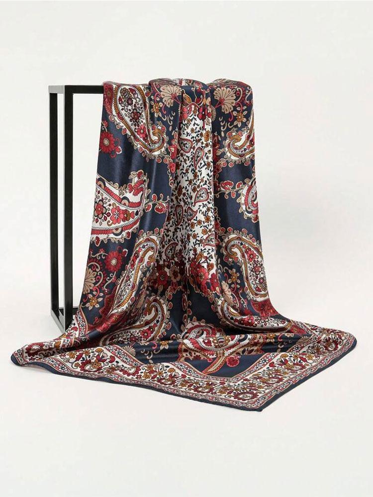 

Новый брендовый шарф с принтом, женская мода 90*90 см, шелковый атласный хиджаб, бандана, шейный платок, защита от солнца, шаль, обертывание, платок темно-синий