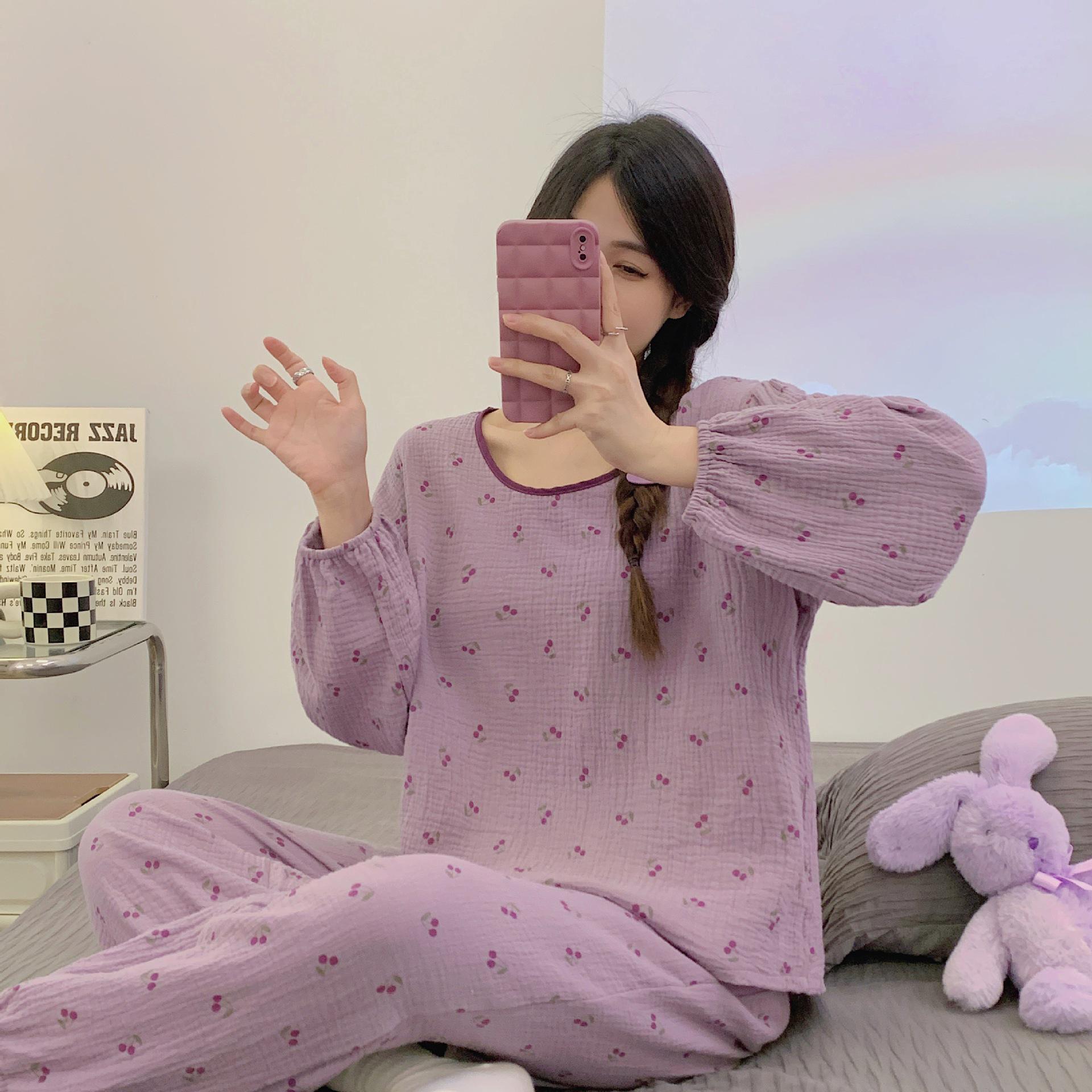 

Women s All-Cotton Double-Layer Gauze Pajama Set - Long Sleeve & Pants Large