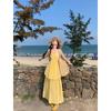 Kumikumi Holiday Style Yellow Design Sense Pleat Hanging Neck Sling Dress Women Summer French style Slim fit Long dress