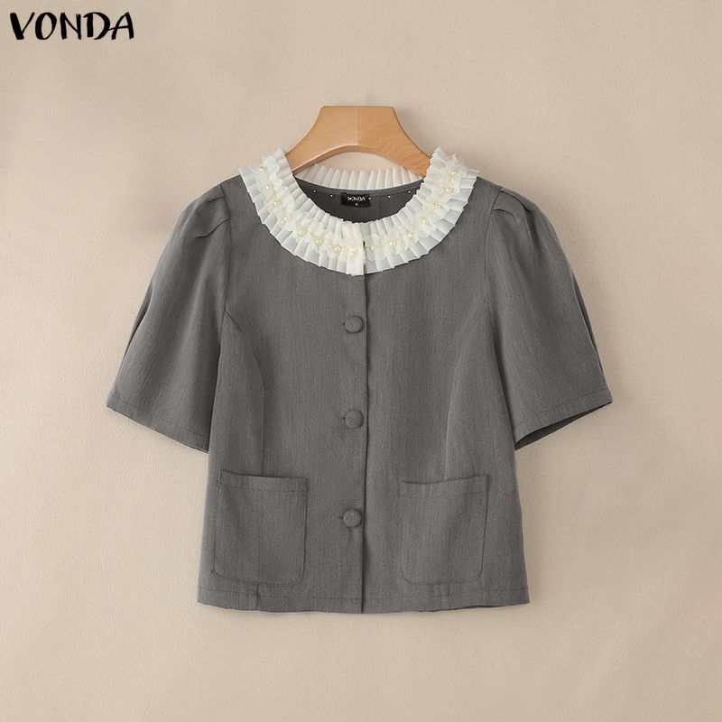 VONDA Women Casual Ruffled Hem Beading Round Neck Short Sleeve Cropped Blouse