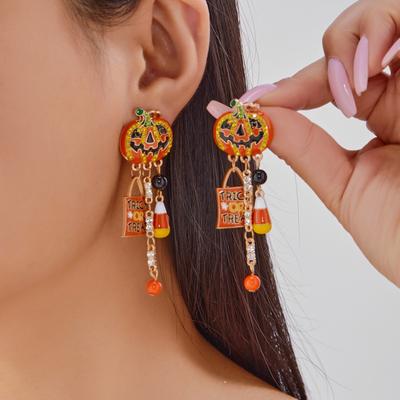 Halloween Enamel Earrings Rhinestone Pumpkin Letter Skull Fringe Drop Dangle Gothic Jewelry For Women Men Party Accessories Gift