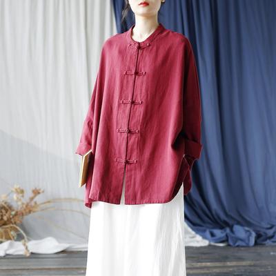 Frauen Chinesischen Stil Shirts Einfarbig Stehen Langarm Tops Herbst Vintage Ramie Taste Lose Frauen Blusen