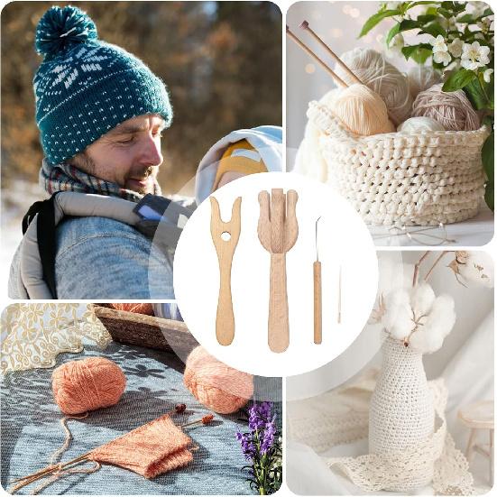 Knitting Fork and Needle Kit, Lucet Fork Crochet, 8Pcs Wooden Knitting Fork Big Eye Needle Portable Knitting Fork Set DIY Weaving Tools for Bracelet