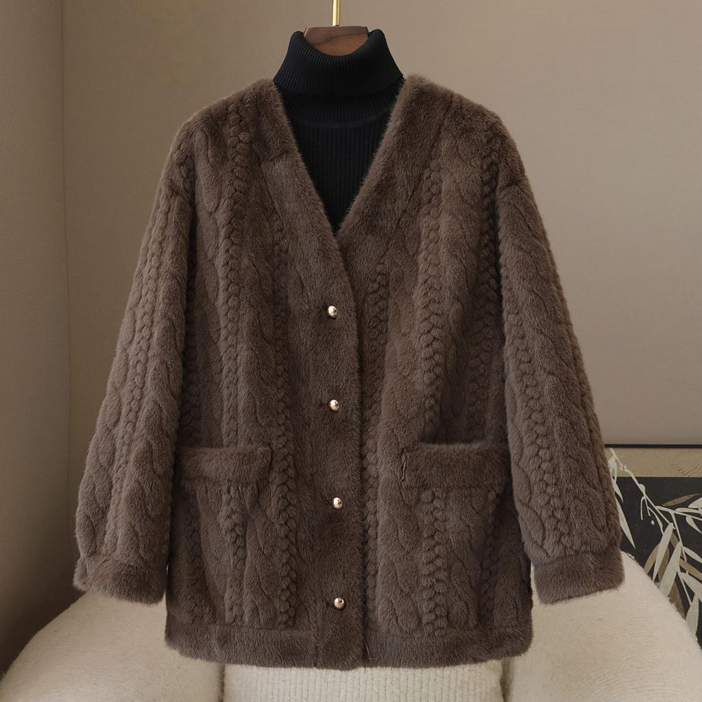 Spring Autumn Women's Plush Coat Simple Short V-Neck Faux Fur Coat