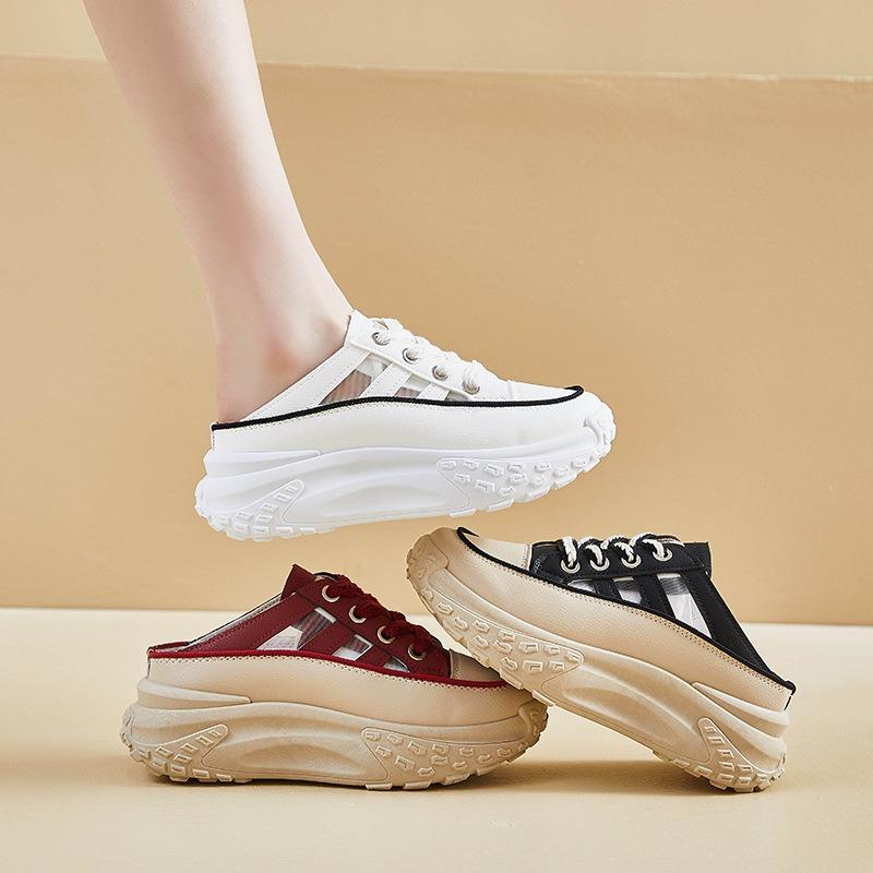 Fashion Woman Pu Leather Casual Half Slippers Platform Shoes Summer Trend Women Lace-up Designer Sandals Ladies Slides Sneakers De Mujer