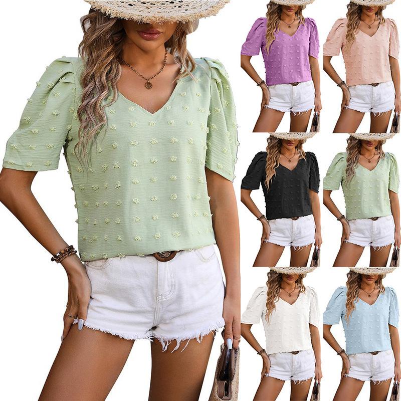 

2024 Women Summer Top V-neck Chiffon Bubble Sleeve Jacquard Shirt Short Sleeved Top Female Casual Multiple Colors Available Tops S чорний