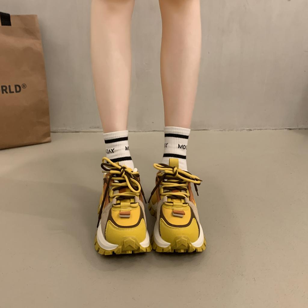 Fashion Women's Casual Shoes Medium Heel Thick-soled Two-color Shoelaces Lace-up Anti-Slip Sole Sports Leisure Trend Zapatillas De Mujer
