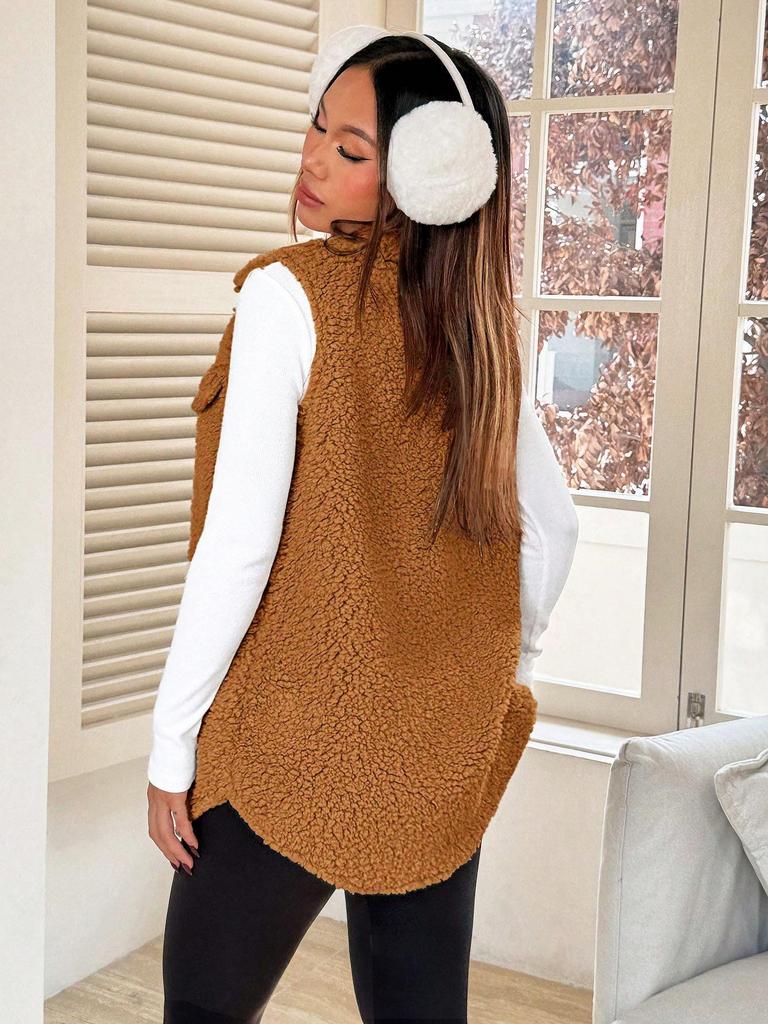Damen Herbst/Winter Plüschweste mit Revers – Knöpfbar, Imitation Lammwolle, Oberbekleidung für einen schicken, entspannten Look