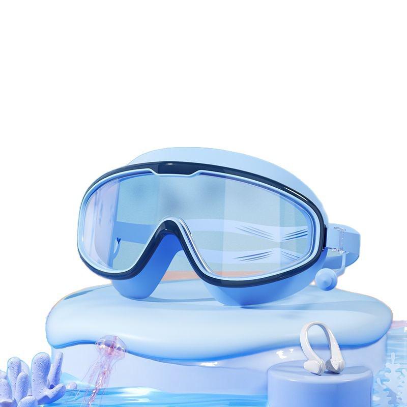 Children's Anti-Fog HD Swimming Goggles with Silicone Nose Clip, Earplugs, and Large Frame. Comfortable and Eye-Friendly for Kids and Adults.
