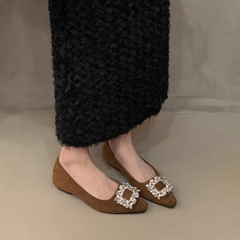 Fashion Women's Flat Shoes Spring New Pointed Head Shallow Mouth Suede Crystal Buckle Soft Sole Non-slip Low-top Shoes