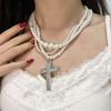 Retro Crystal Crosses Pendant Necklace Featuring Multilayer Faux Pearls Clavicle Chain For Elegant Jewelry Collection