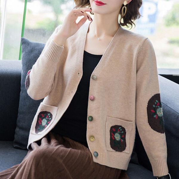 Spring Autumn Women's Knitted Cardigan Sweater Short Loose Thin V-Neck Knit Sweater Long Sleeve Printed Knitted Jacket Outwear