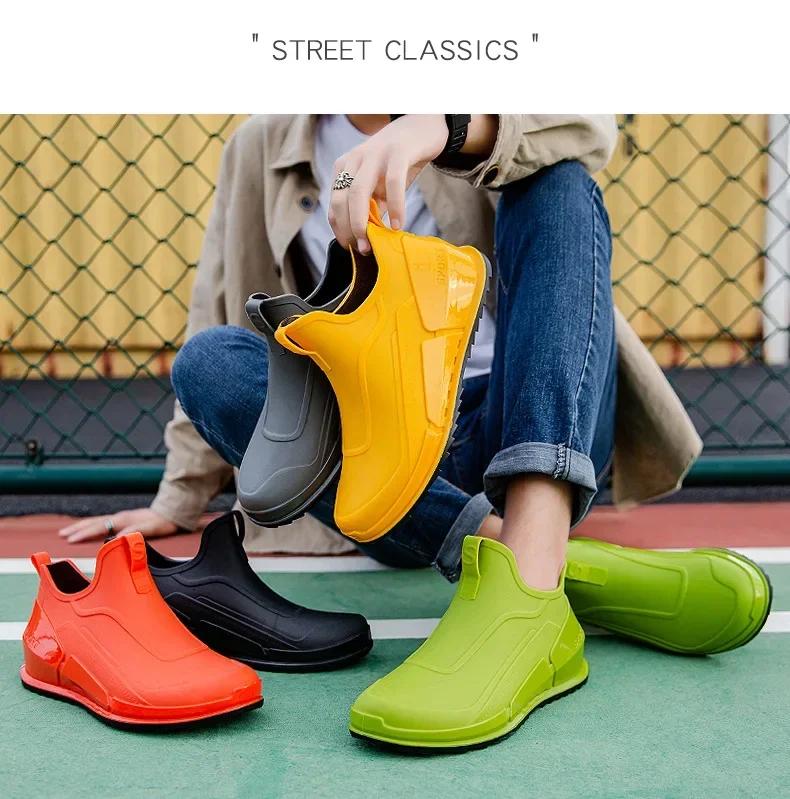 Men's Short Rain Boots Fashionable Outdoor Waterproof Shoes Low Top Anti Slip Wear-resistant Kitchen Shoes Fishing Rubber Shoes