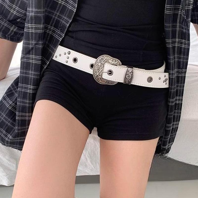 Antique Rivets Studded Waist Belt With Engraved Pattern Buckles PU Leather Pin Buckles Waistband For Women Jeans Pants
