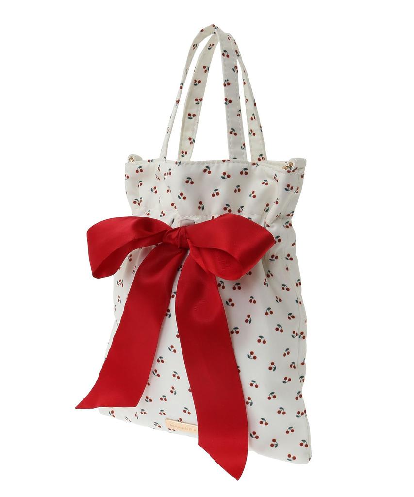 Maison De Fleur Cherry Print Mini Ribbon 2-Way Bag, Ivory, Size F, PouchDrawstring Bag, 08000446300