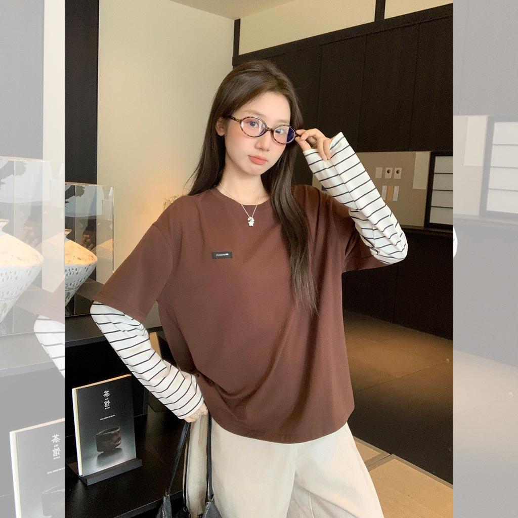 Crew neck contrasting stripes splicing fake two-piece long-sleeved T-shirt autumn new inner bottoming shirt design top women
