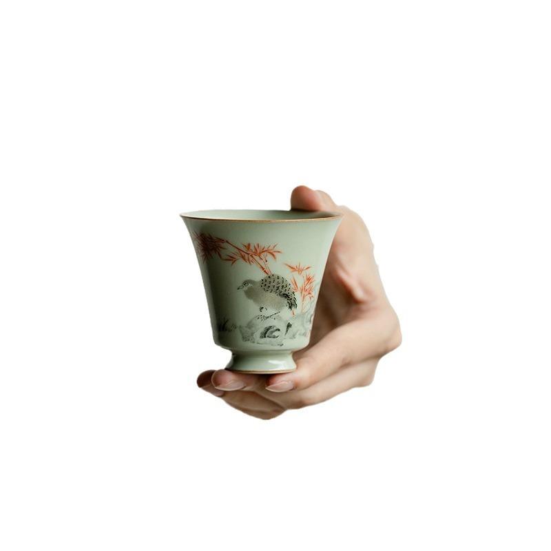 Flower and Bird Master Cup Ru Kiln Ceramic Tea Cup Tea Brewing Cup Tea Tasting Cup Office High Legged Cup