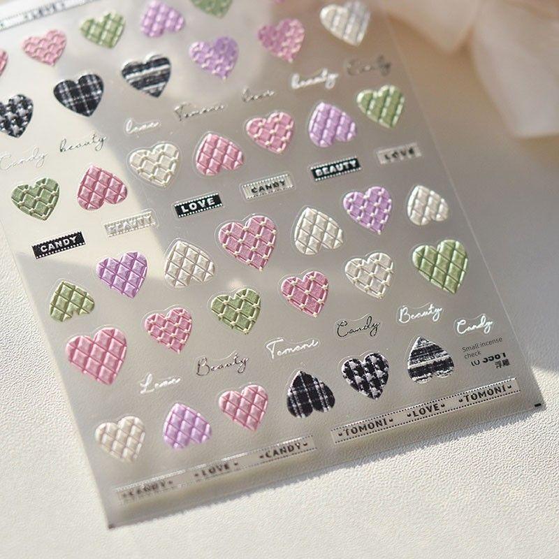 

Plaid Heart Nail Art Sticker Tomoni Embossed Back Glue Cute Macaron Nail Sticker Japanese Style Nail Ornament Plaid Heart 3581((Relief))