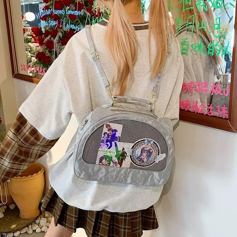 Cute Head Cat Semicircular Backpack With Transparent Layer To Badges Hold