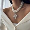 SHIXIN Elegant Multilayer Smooth Imitation Pearl Long Necklace for Women Trend Jesus Cross Pendant Necklace Banquet Neck Jewelry