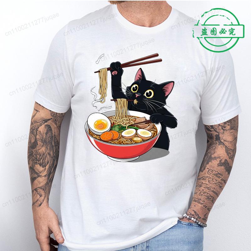 Ramen Cat Tshirt for Women Men Japanese Style Cat Lover T-Shirt Kawaii Cartoon Short Sleeve T Shirts Mens Clothes Tee Shirt Tops