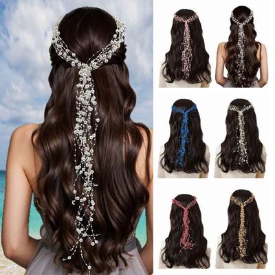 Imitation Pearl Bridal Pearl Headband Handmade Pearl Tassel Headpiece  Wedding