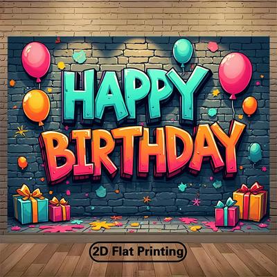 2D Birthday Photo Booth Backdrop Colorful Graffiti Wall & Balloons Background
