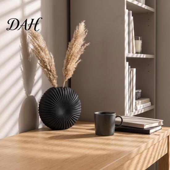 Modern Entrance Table Decor Oblate Circular Radial Texture Decorative Vase, Floral Container for Living Room Entryway, Dining Flower Vessel