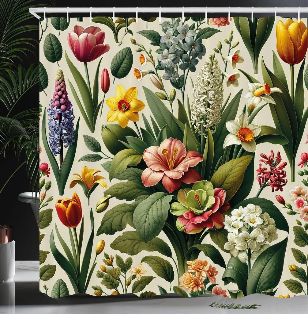 Hippie Shower Curtain, Daisy Look Flowers on Abstract Groovy Style Waves Retro 60s 70s Vibes, Cloth Fabric Bathroom Decor Set