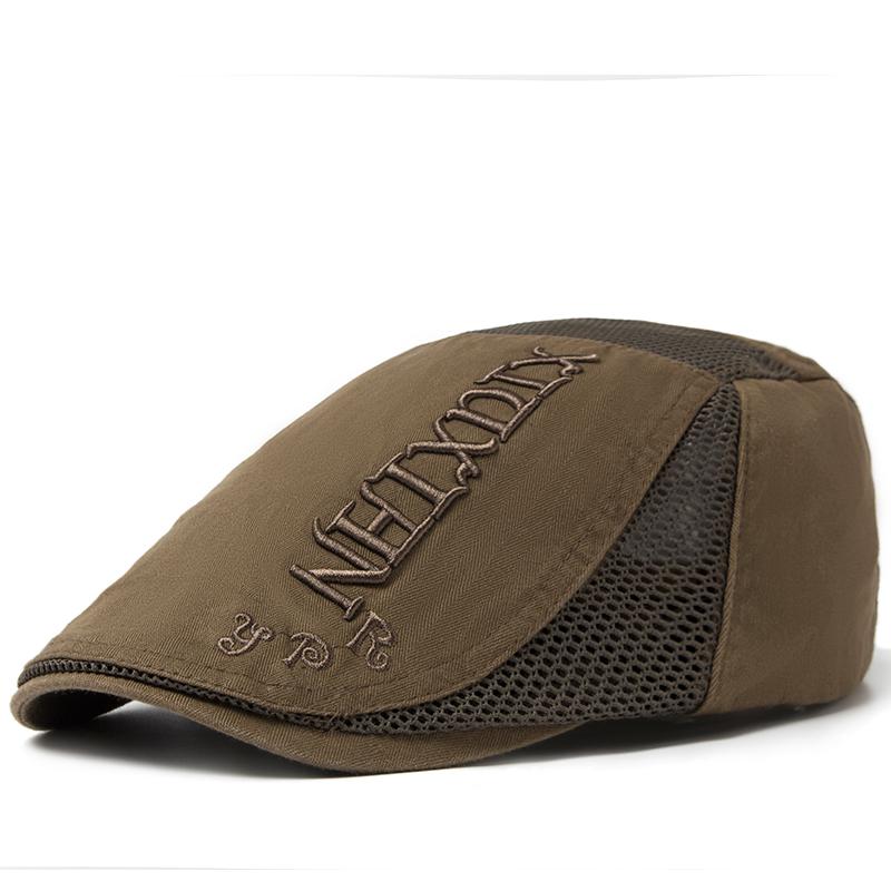 

Летний берет для мужчин, вышивка букв, сетчатая кепка, хлопковый мягкий верх, солнцезащитный козырек, винтажные береты, повседневная однотонная мужская кепка коричневый