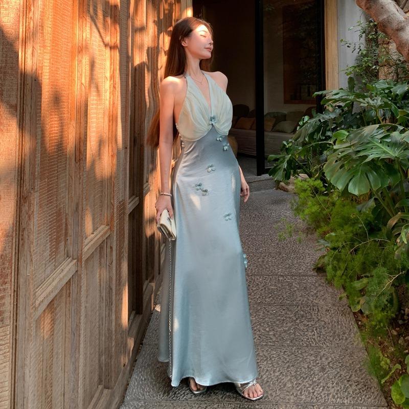 New French Vacation Heavy Industry Neck Blue Flower Dress Satin Fairy Dress Summer S синий